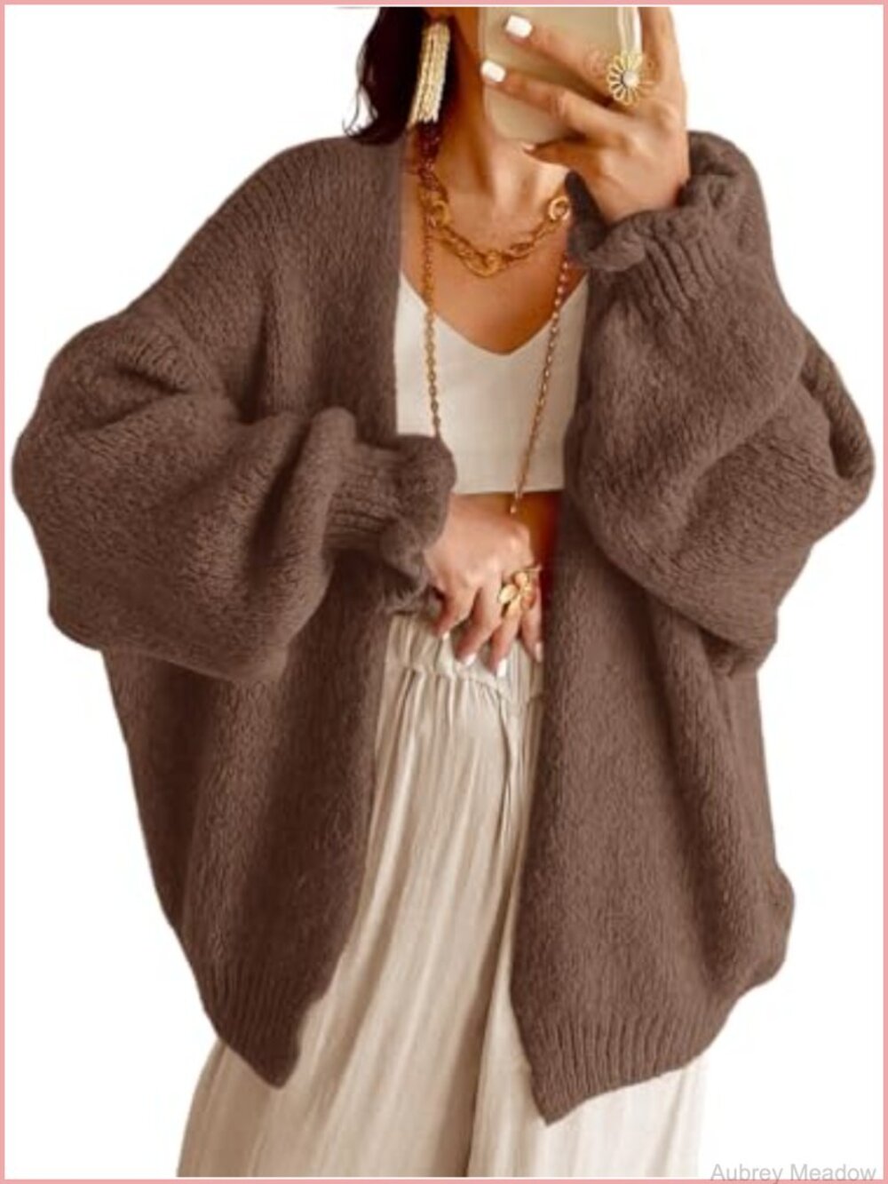 Oversized Chunky Long Cardigan Sweater Open Front Lantern Sleeve